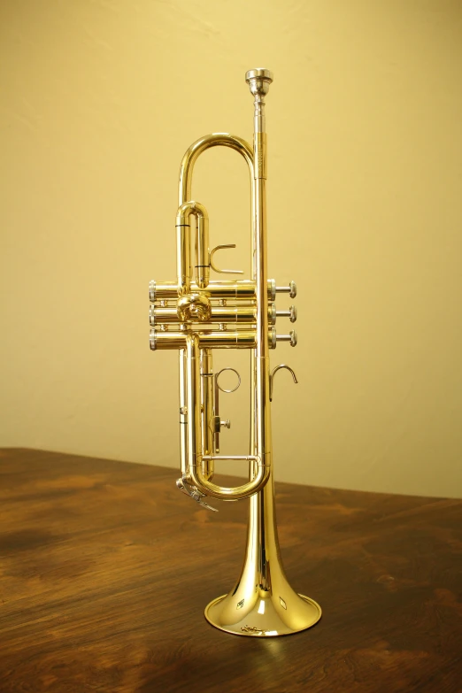 a golden instrument on a brown table