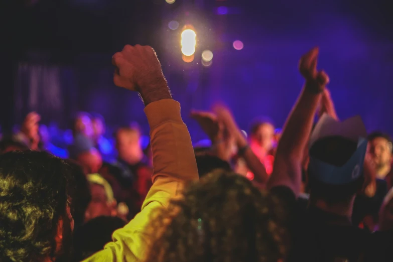 a crowd is celeting at an outdoor concert