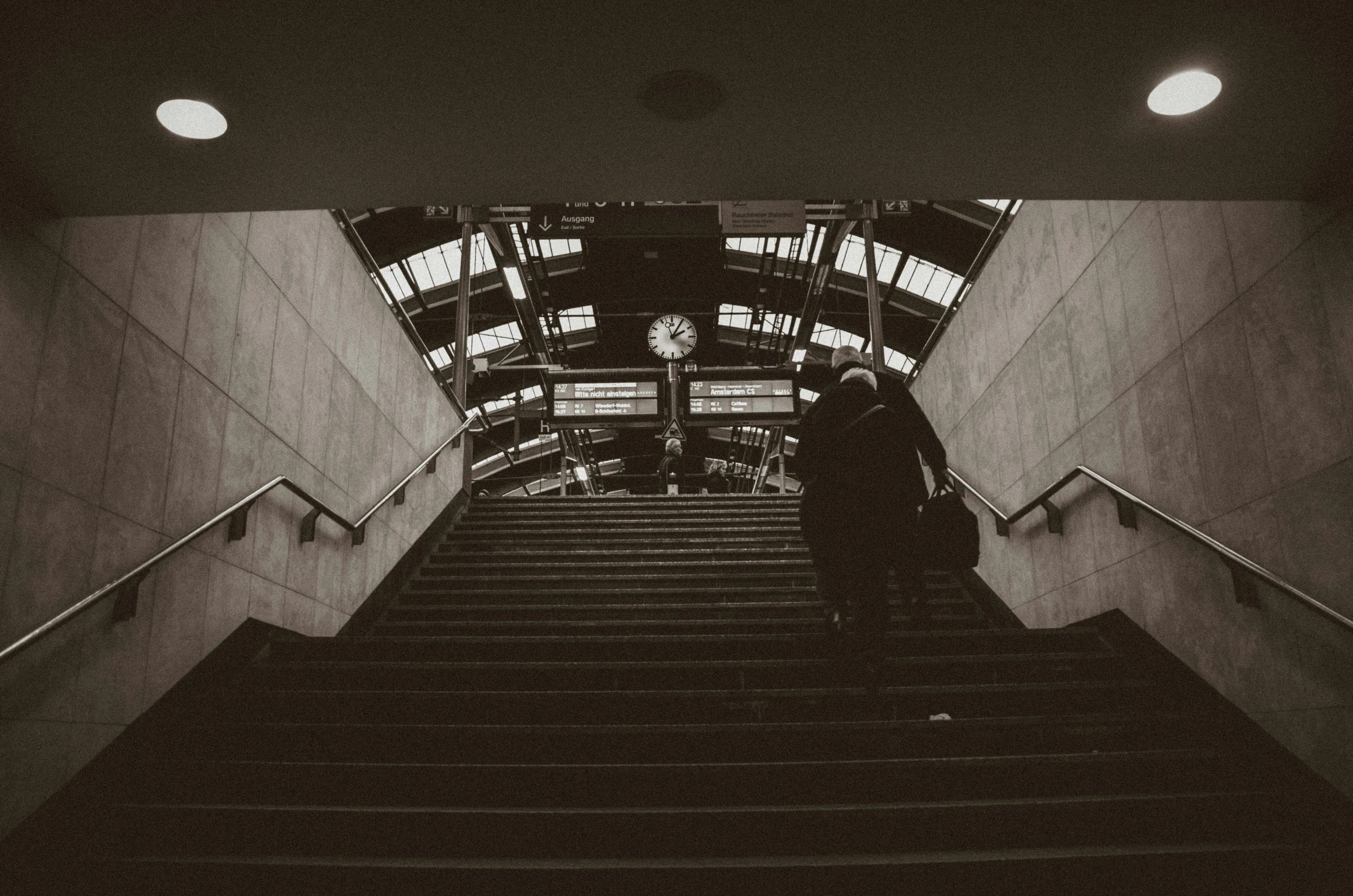 some steps going up to a platform with lights on