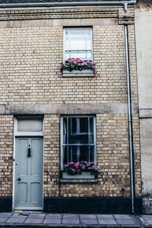 a building with windows, flowers and a small white door