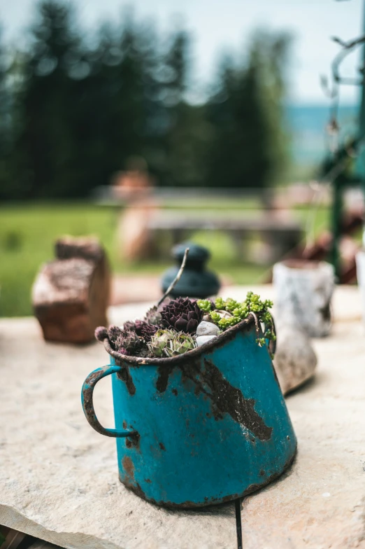 a blue bucket with a small mound of dirt in it