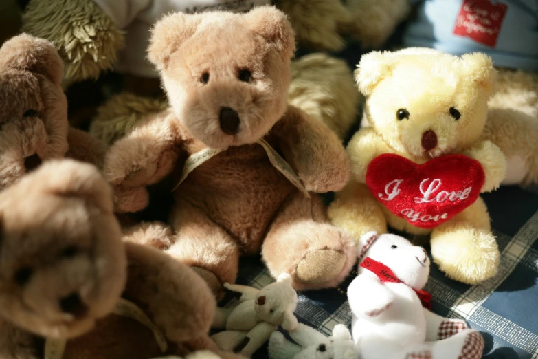 several teddy bears arranged together on a blanket