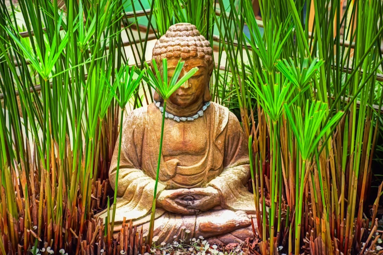 a buddha statue sits in the middle of plants