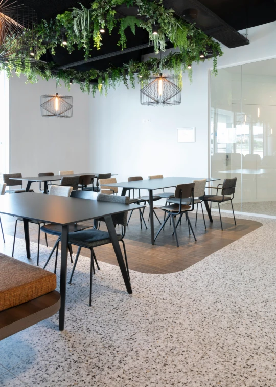 a meeting room with tables and chairs decorated with plants