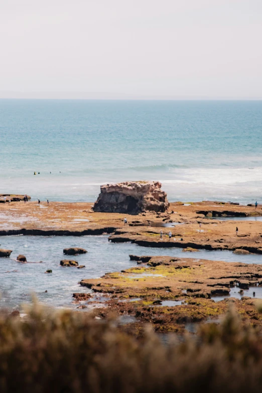 view from cliff of people playing in water, beach and shore