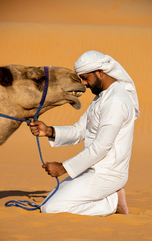 a man pets his camel in the desert