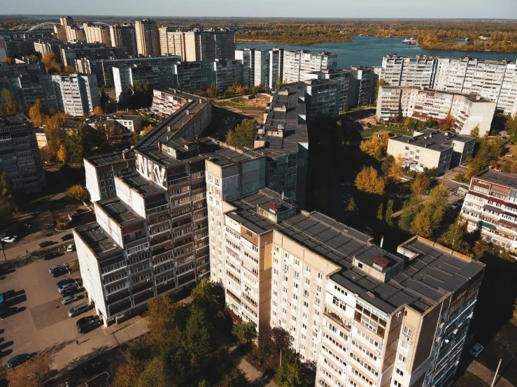 an aerial view of an apartment complex in a neighborhood