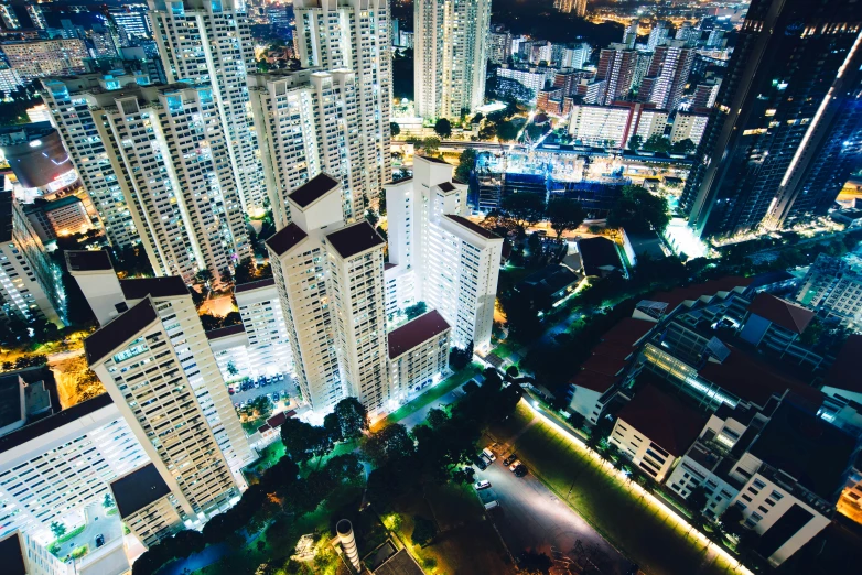 night view from a high up of some skyscrs