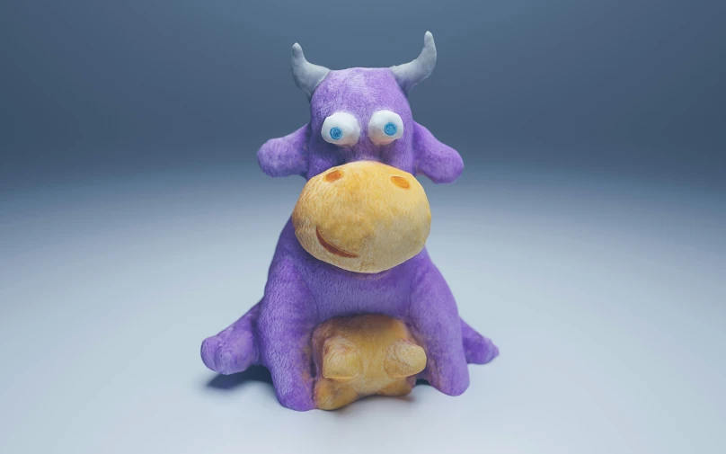 a stuffed purple cow holding a stuffed toy animal