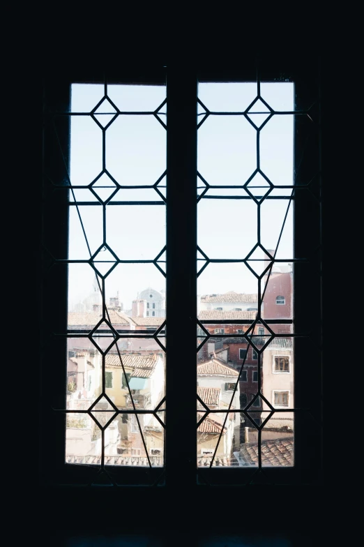 a view of a city seen through two window panes