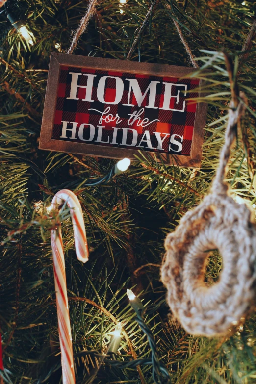 a red, white and black sign a candy canes and some lights