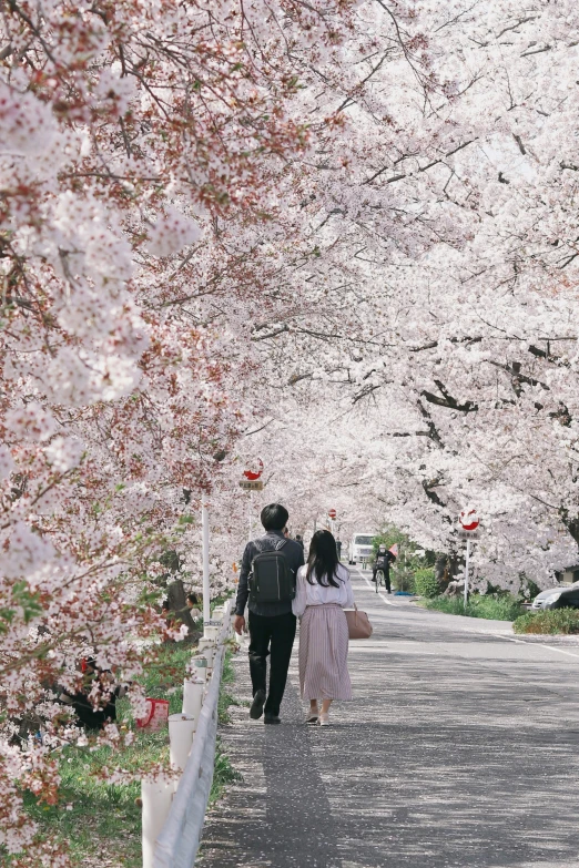 a man and a woman are walking down a tree lined path