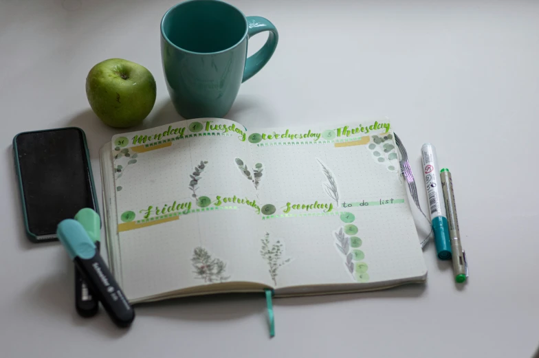 an open notebook, pen and apple sitting on a desk