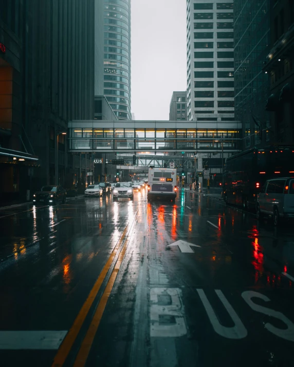 a city street that has been rainy during the day