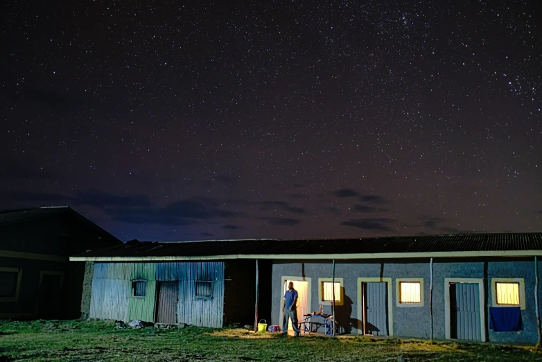 the cabin at night with the stars in the sky