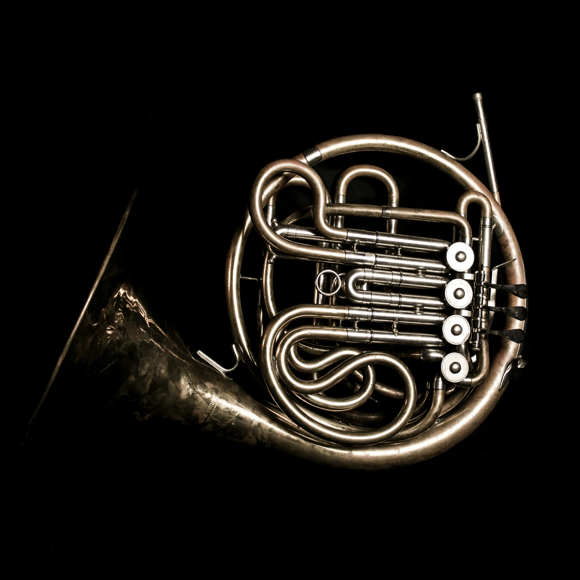 the inside of an antique french horn