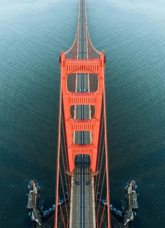 an orange suspension bridge over the water