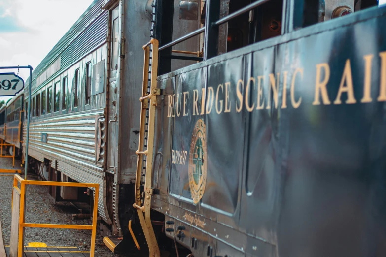 a silver and blue train parked on the tracks