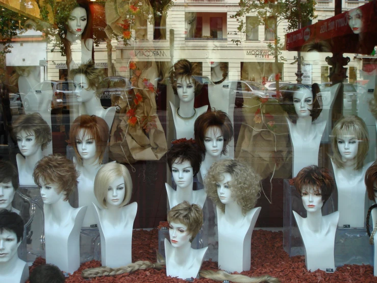 an assortment of wigs displayed behind a store window