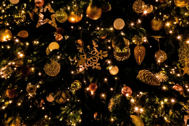 a christmas tree lit with many holiday ornaments