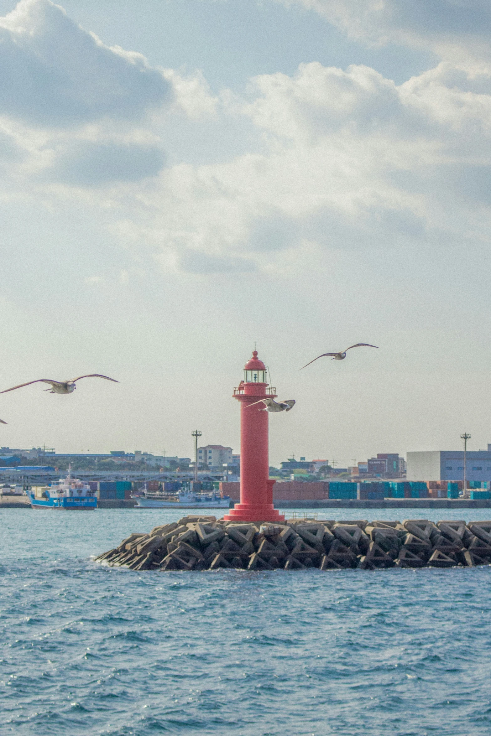 the ocean with seagulls flying over the lighthouse