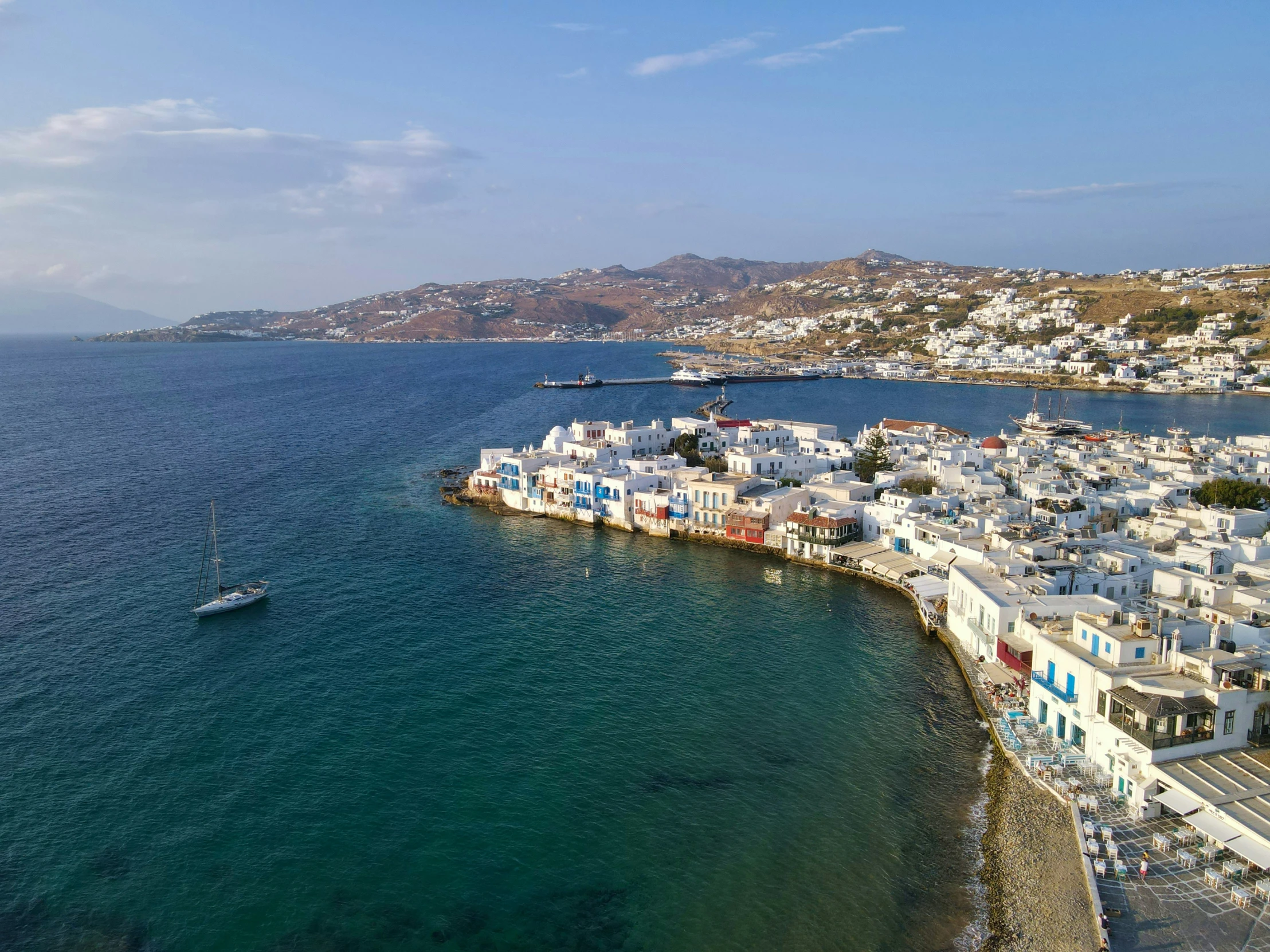 view from above of the island showing colorful houses and boats