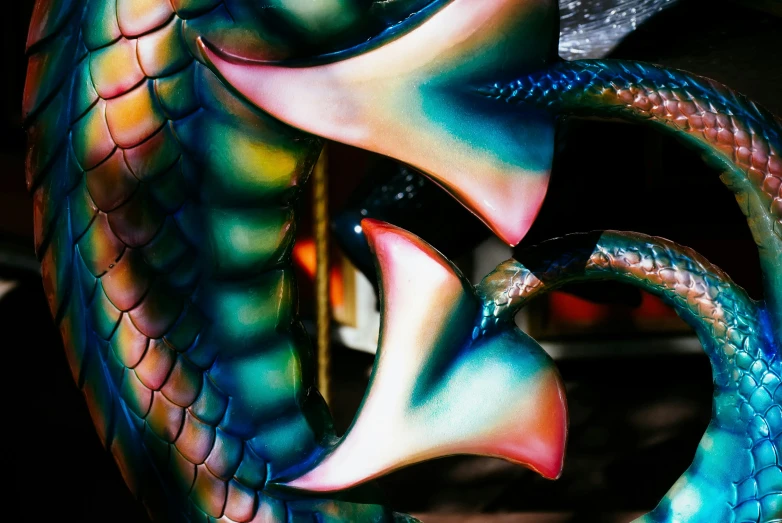 a metal snake statue is painted with multi colored paint
