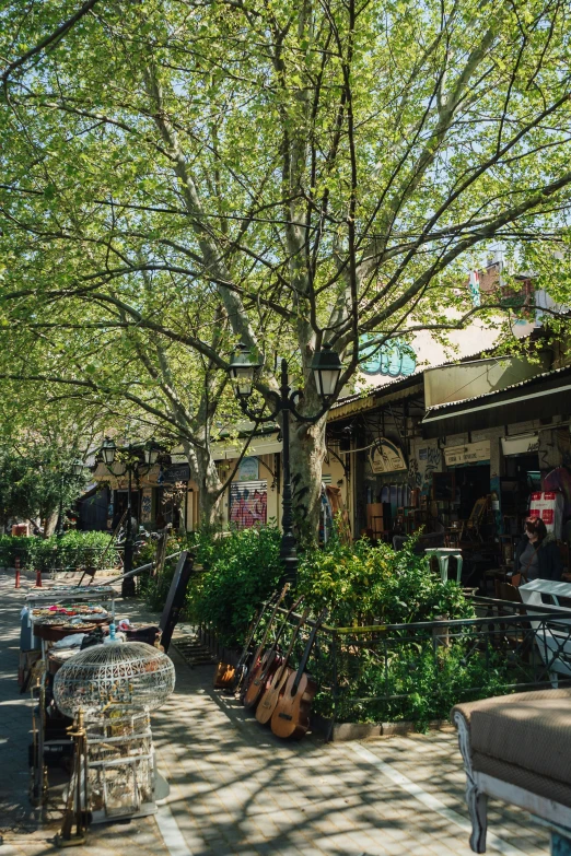 a shopping center with various seating area, and trees