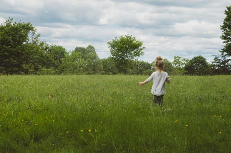 there is a little girl in the middle of a field flying a kite