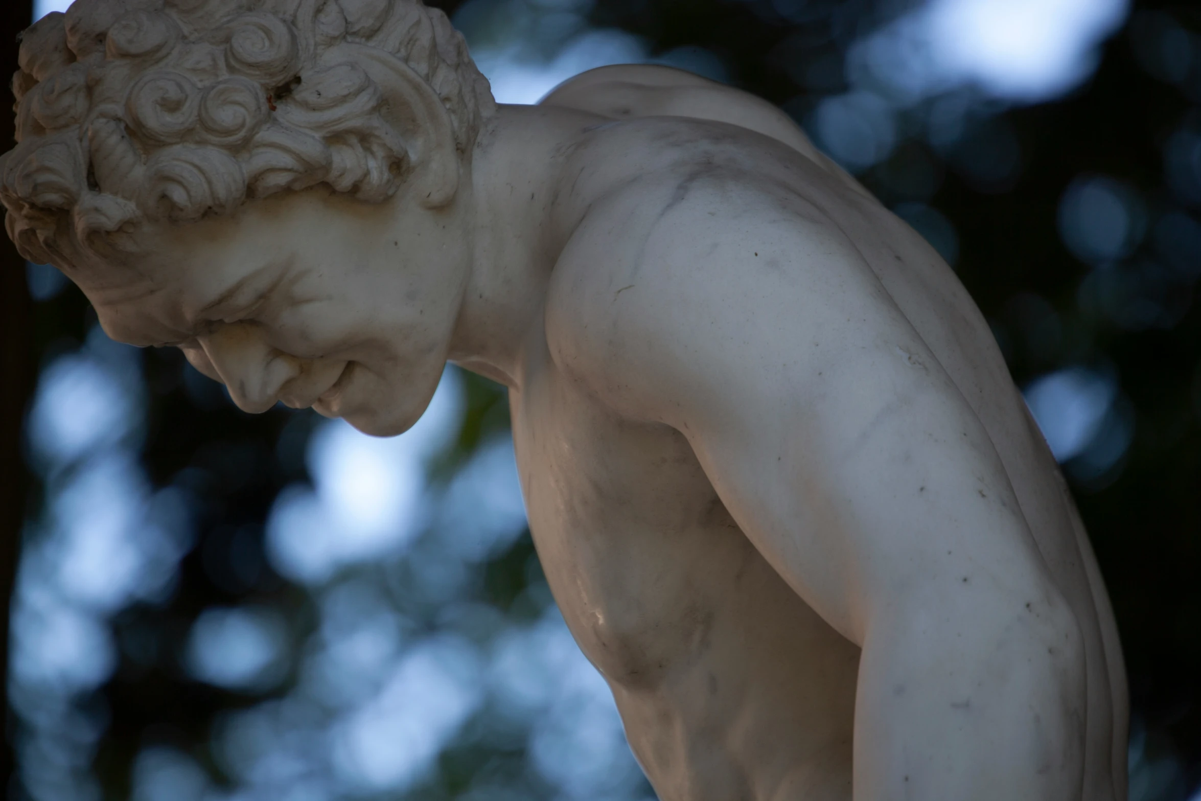 the head and arm of a white marble statue