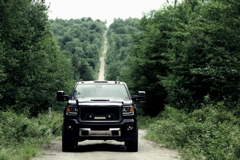 large truck driving down the dirt road in the forest