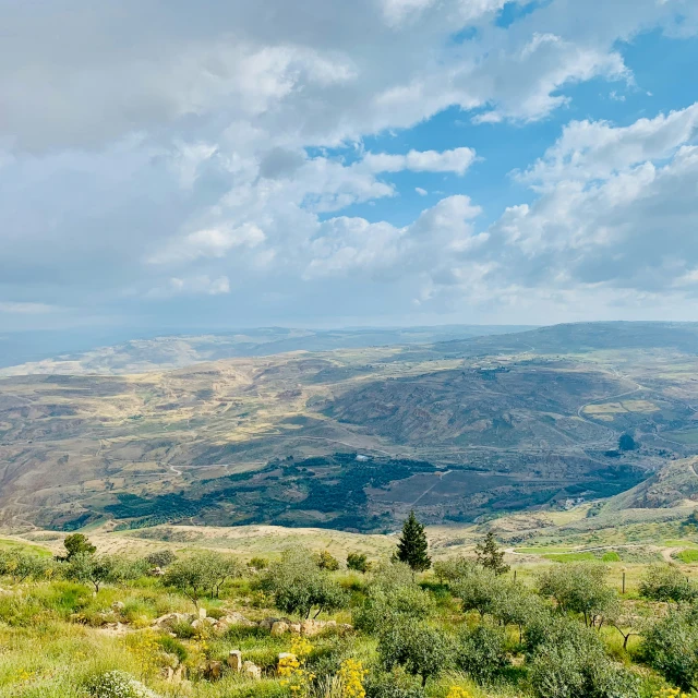 mountains with green trees and a cloudy sky