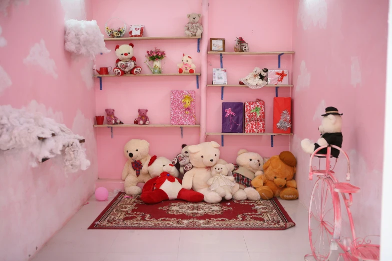 stuffed animals are placed on the carpet in a room