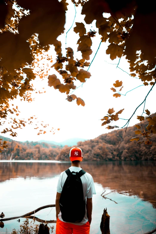 a person stands in front of a lake with a dog