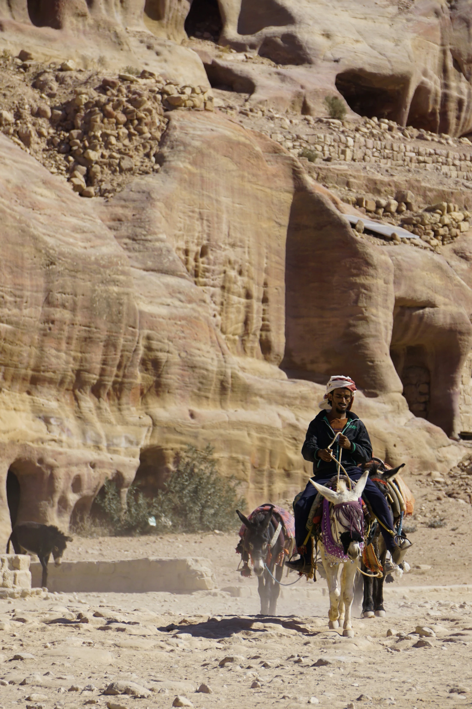 a man in a desert riding on the back of a donkey