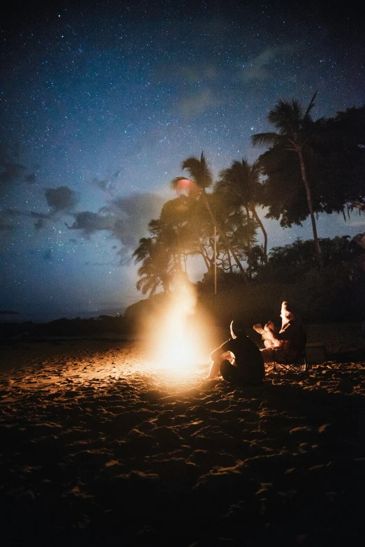 a group of people around a fire lit by a tent