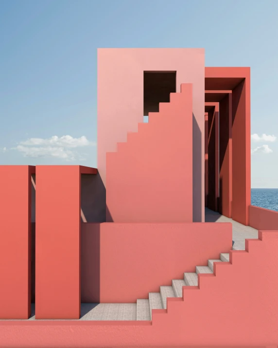 pink steps lead up to the entrance to a building