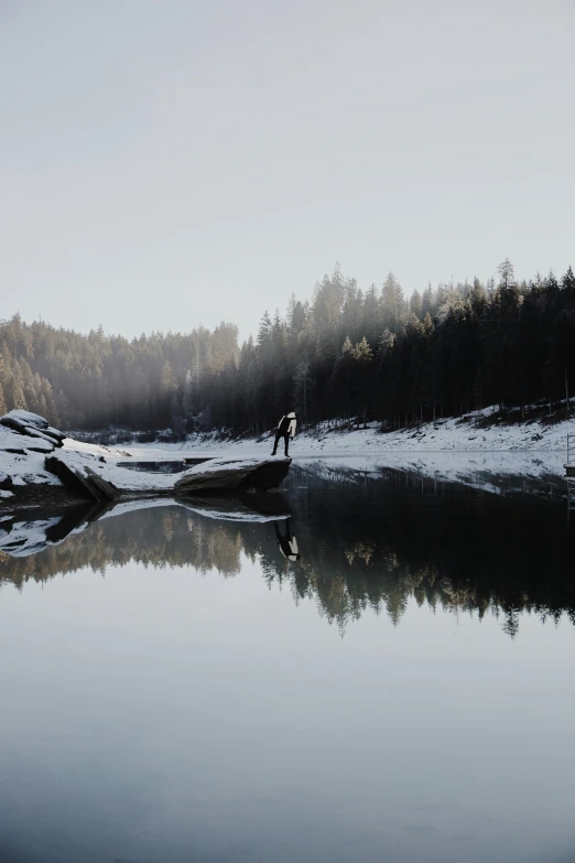 a person walking in front of a lake on a clear day