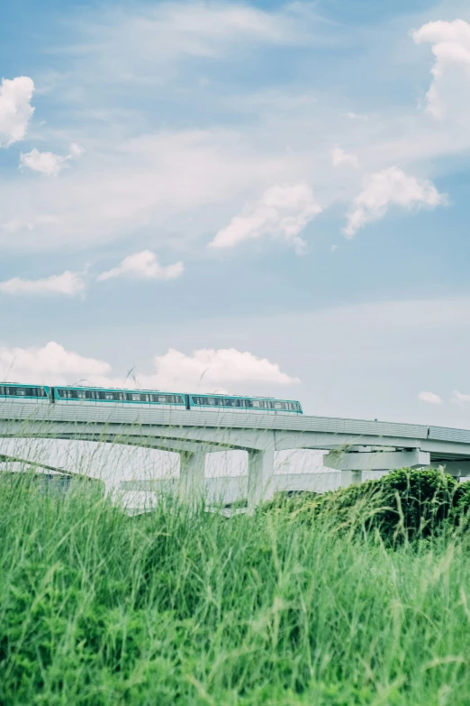 a train travels over a bridge on a sunny day