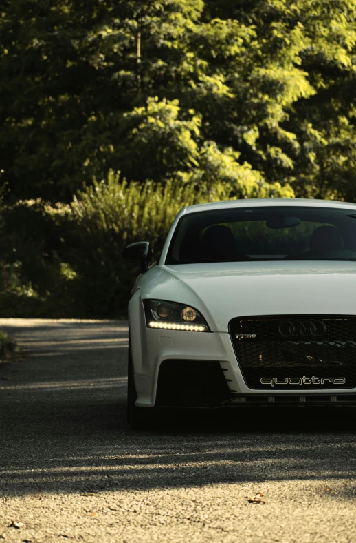 a white car parked in front of trees