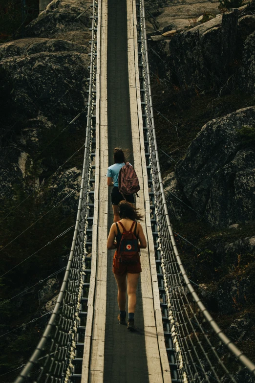 two people walking across a suspension bridge next to each other
