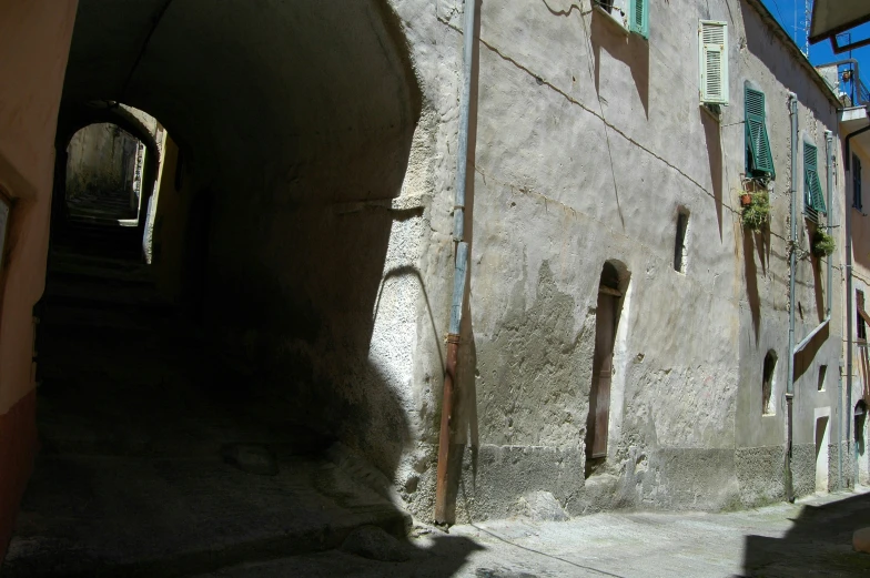 a narrow street lined with a building and lots of plants