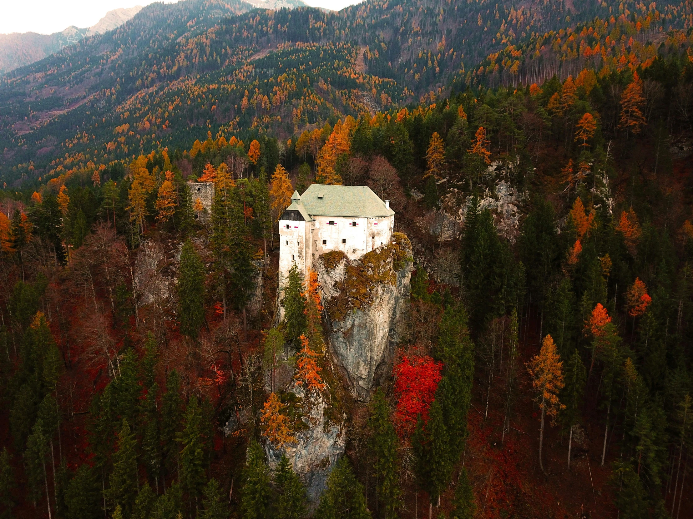 an aerial view of a building surrounded by fall colored trees