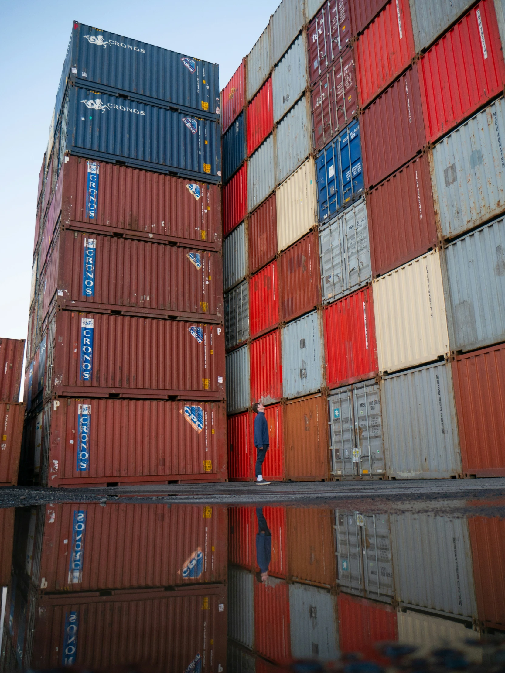 stacked cargo containers are placed on the ground