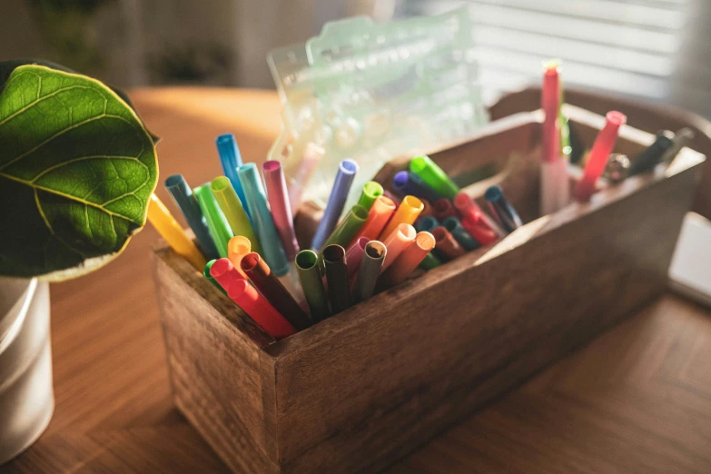 a box with many colored pens and a small plant on the side