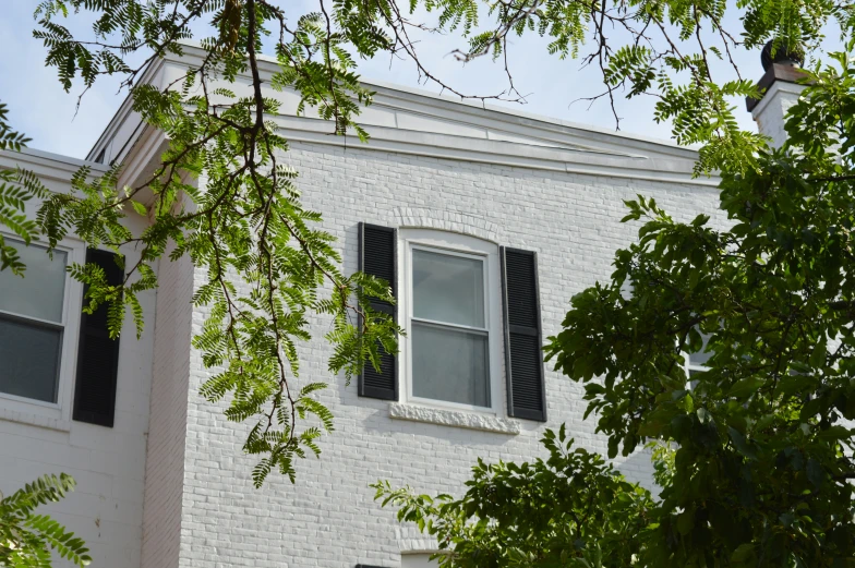 a white house with a tree and two windows