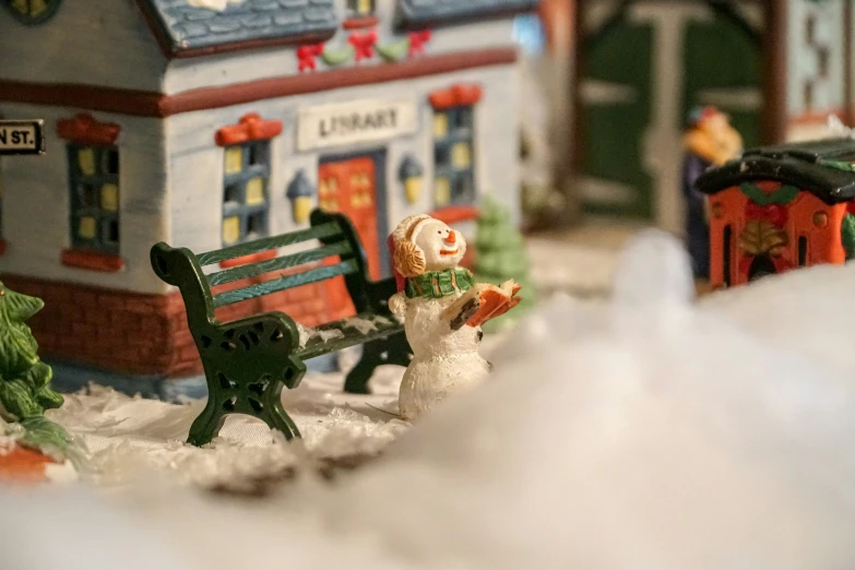 snow - clad city benches stand in front of miniature shops