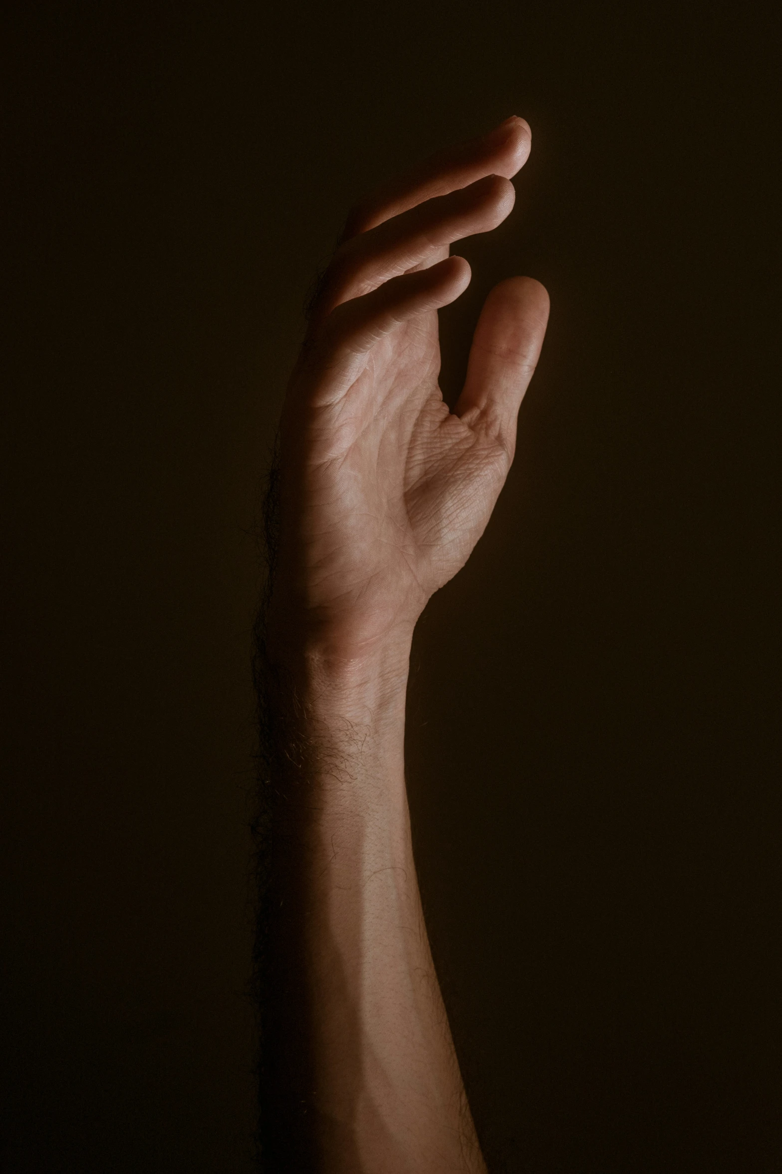 a person's hand is shown reaching up towards the dark sky