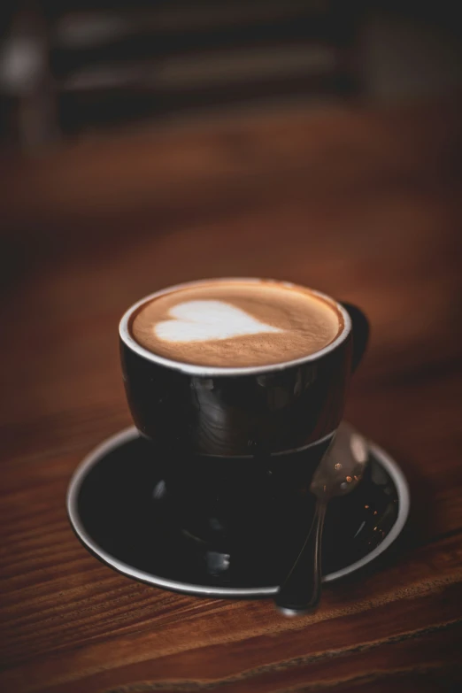 a cappuccino sits on a saucer on a wooden table