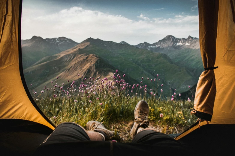 view from a tent looking out into mountains and wildflowers